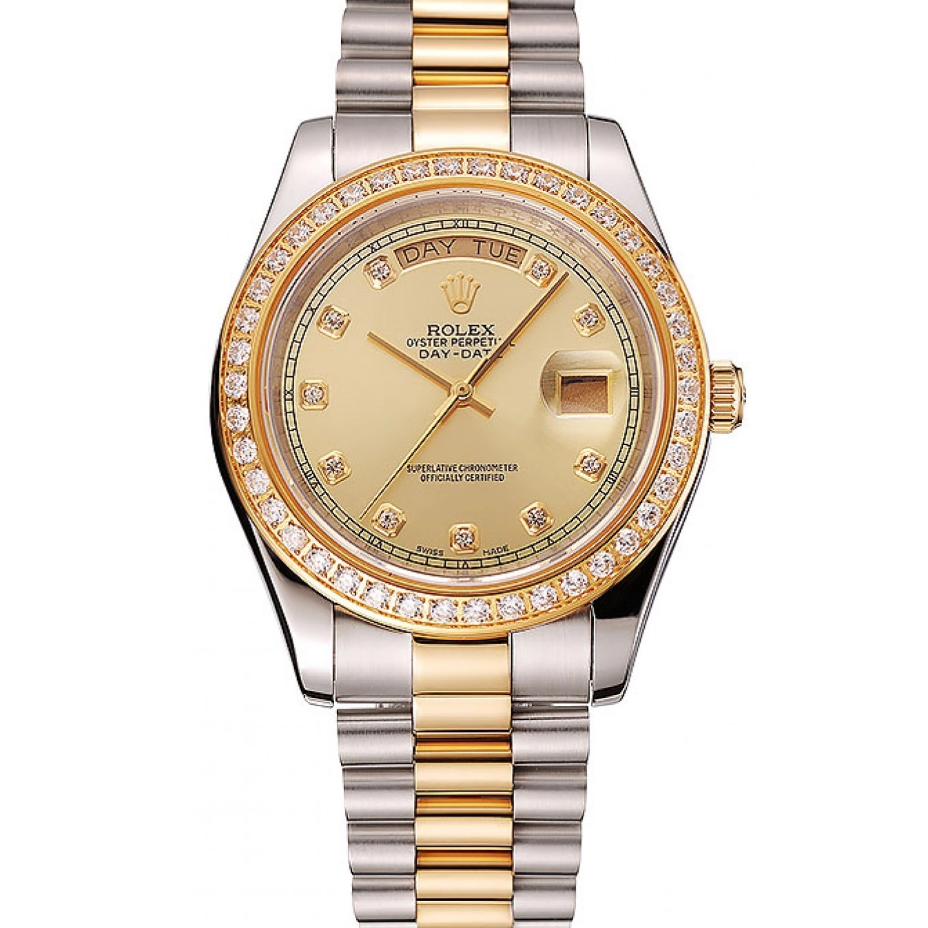 Aaa replica Champagne Tone Rolex 1453974 Steel Bracelet Gold Case Day-Date Stainless Two Diamond Dial Swiss 0627